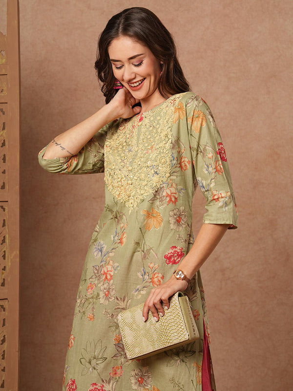 Green Floral Sequins Kurta