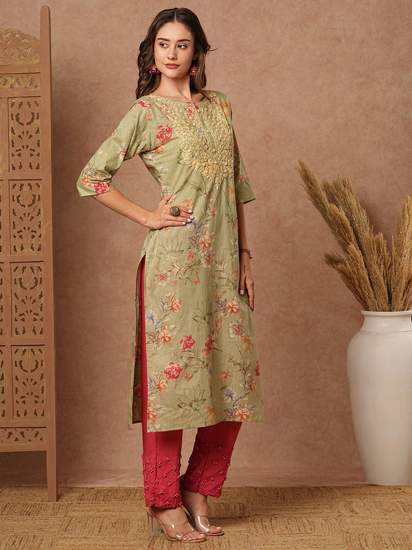Green Floral Sequins Kurta