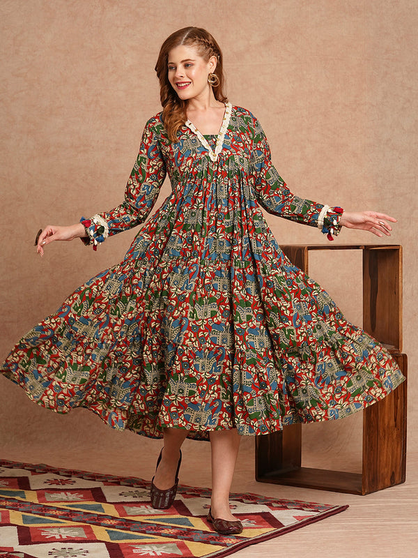 Ethnic Animal Print Flared Midi Dress