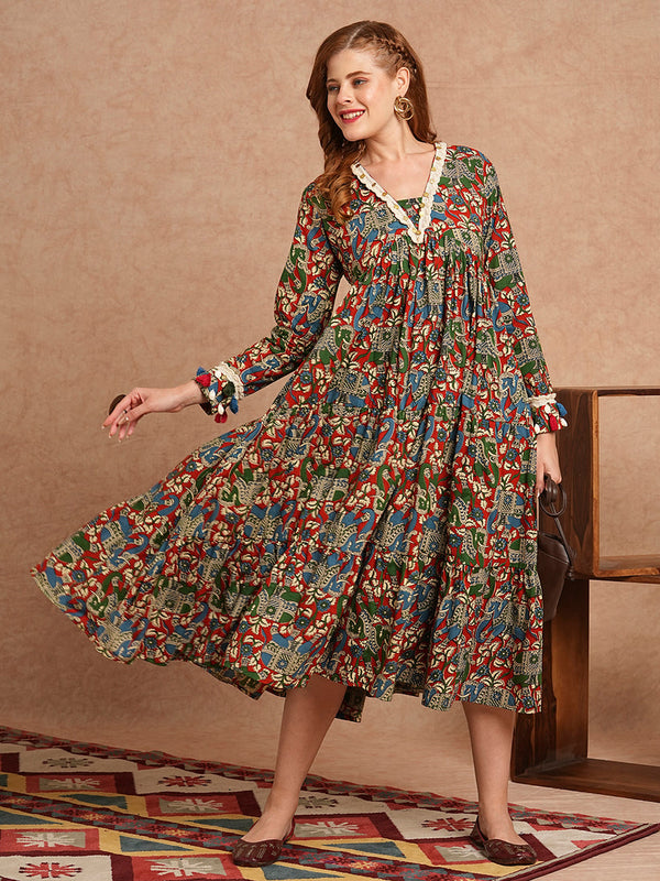Ethnic Animal Print Flared Midi Dress