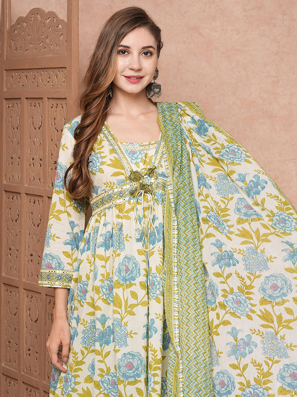 Floral Mirror Embroidered Kurta Set