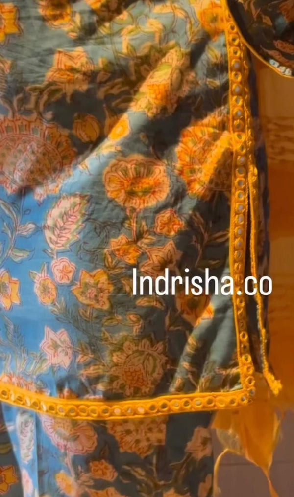 blue and yellow floral print cotton kurta set