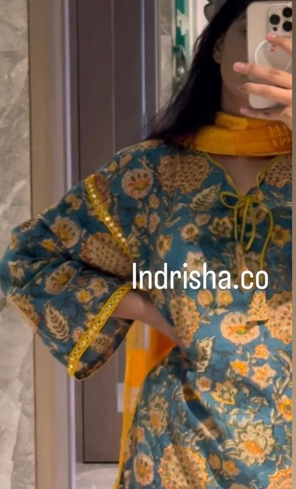 blue and yellow floral print cotton kurta set