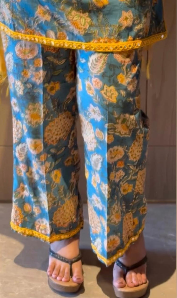 blue and yellow floral print cotton kurta set