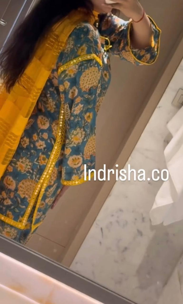 blue and yellow floral print cotton kurta set
