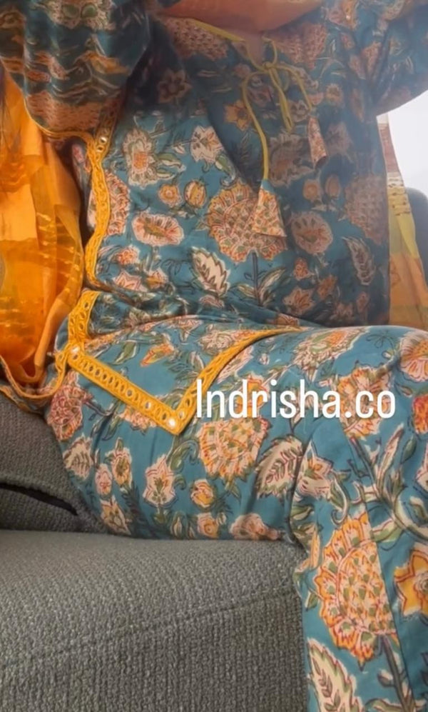 blue and yellow floral print cotton kurta set